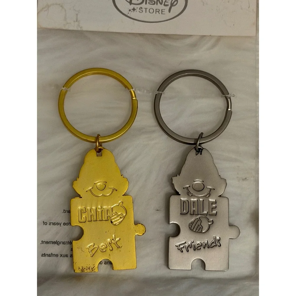 Disney Store Chip and Dale Best Friends Puzzle Piece Keychain Set Gold Silver